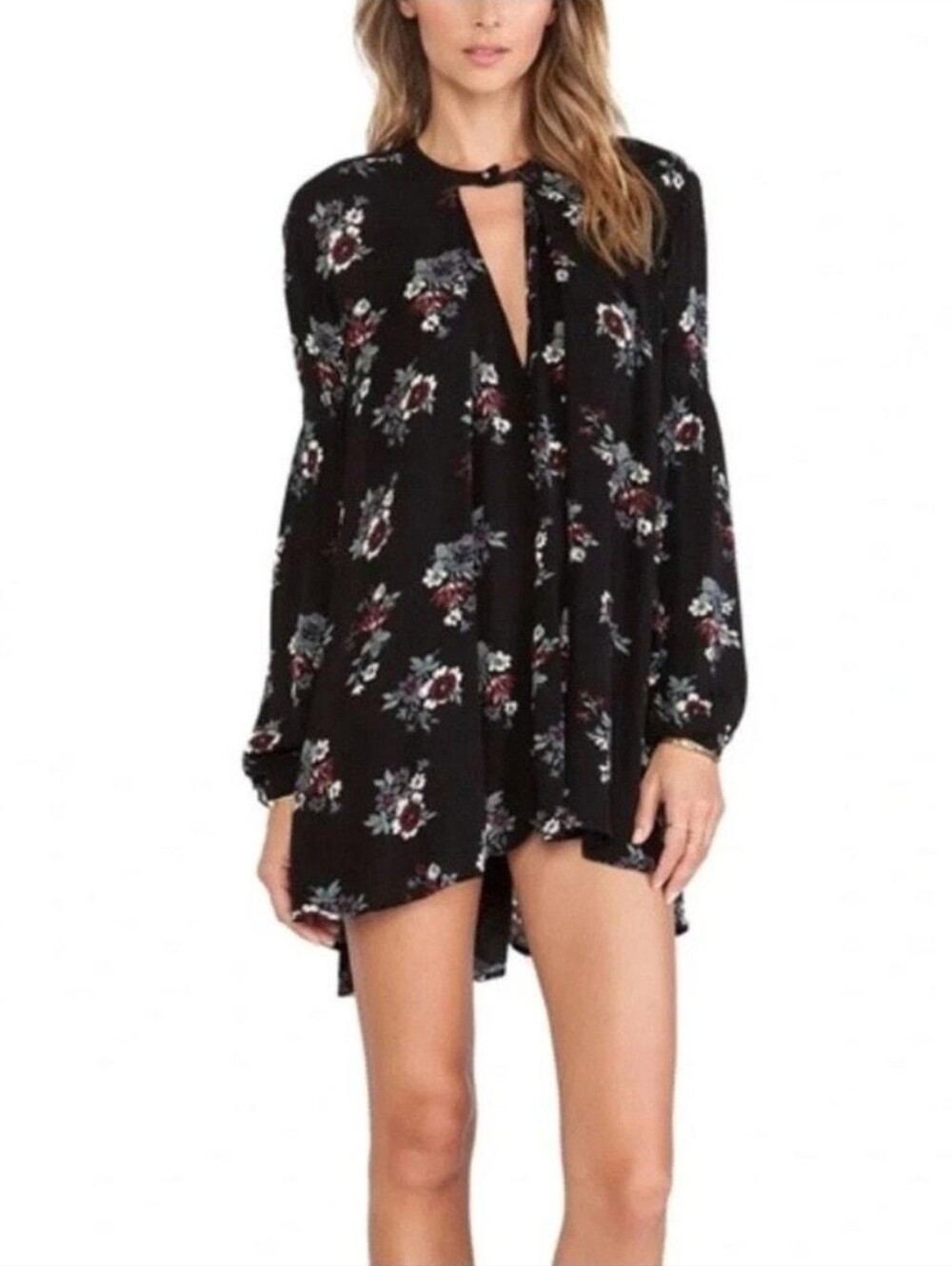 Free People Black Floral Boho Tunic Dress Large Bell Sleeve Mini Dress